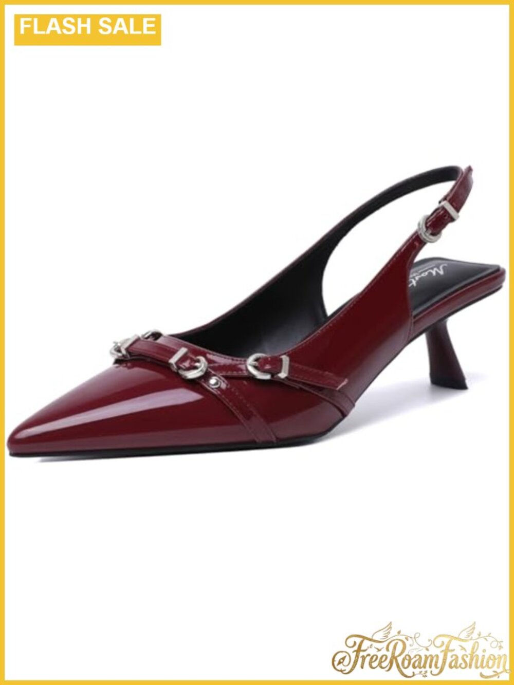 Kitten Heel Slingback Pumps Faux Leather Pointed Toe Buckle Dress Shoes